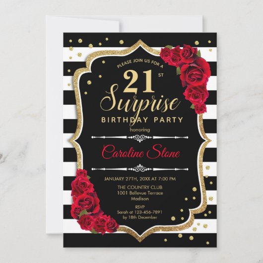 Invitation Surprise 21e anniversaire - Noir Blanc Rouge (Devant)