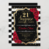 Invitation Surprise 21e anniversaire - Noir Blanc Rouge (Devant / Derrière)