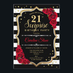 Invitation Surprise 21e anniversaire - Noir Blanc Rouge<br><div class="desc">Invitation surprise 21e anniversaire. Dessin féminin noir,  blanc,  rouge avec fausse parties scintillant or. Caractéristiques noir et blanc rayures,  roses rouges,  police de script et confetti. Parfait pour une soirée d'anniversaire élégante. Peut être personnalisé pour montrer n'importe quel âge. Message-moi si vous avez besoin d'une personnalisation plus poussée.</div>