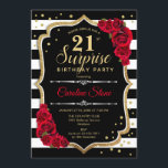 Invitation Surprise 21e anniversaire - Noir Blanc Rouge<br><div class="desc">Invitation surprise 21e anniversaire. Dessin féminin noir,  blanc,  rouge avec fausse parties scintillant or. Caractéristiques noir et blanc rayures,  roses rouges,  police de script et confetti. Parfait pour une soirée d'anniversaire élégante. Peut être personnalisé pour montrer n'importe quel âge. Message-moi si vous avez besoin d'une personnalisation plus poussée.</div>