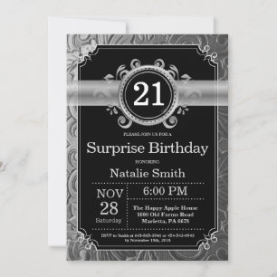 Invitation Surprise 21e Anniversaire Noir et Paillettes Argen