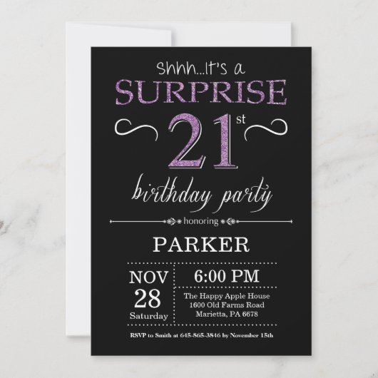 Invitation surprise 21e anniversaire Noir et pourp (Devant)