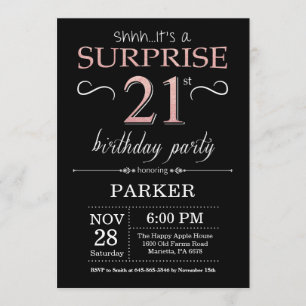 Invitation Surprise 21e anniversaire Noir et Rose Or rose