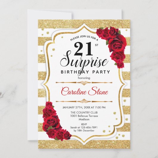 Invitation Surprise 21e Anniversaire - Or Blanc Rouge (Devant)