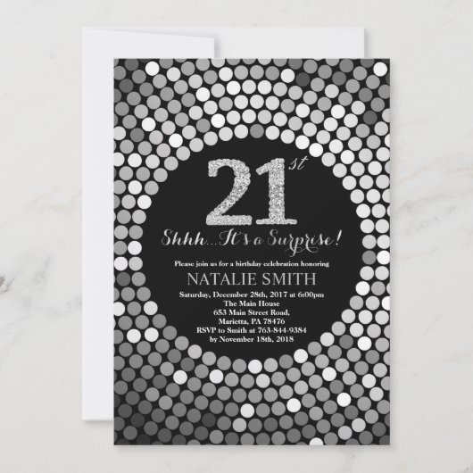 Invitation Surprise 21e anniversaire Parties scintillant noir (Devant)