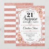 Invitation Surprise 21e anniversaire - Rose Gold White Pink (Devant / Derrière)