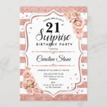 Invitation Surprise 21e anniversaire - Rose Gold White Pink<br><div class="desc">Invitation surprise 21e anniversaire. Design blanc féminin, rose roux avec parties scintillant d'or rose faux. Comprend des rayures, des roses roses roses, des caractères de script et des confettis. Parfait pour une soirée d'anniversaire élégante. Peut être personnalisé pour montrer n'importe quel âge. Message-moi si vous avez besoin d'une personnalisation plus...</div>