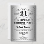 Invitation Surprise 21e anniversaire - Silver Black<br><div class="desc">Invitation à la fête du 21e anniversaire Surprise. Design rétro élégant en argent et noir. Comprend une police de typographie élégante et un faux papier argenté. Salut à 21 ans ! Peut être customisé à n'importe quel âge. Parfait pour une célébration anniversaire surprise adulte classe.</div>