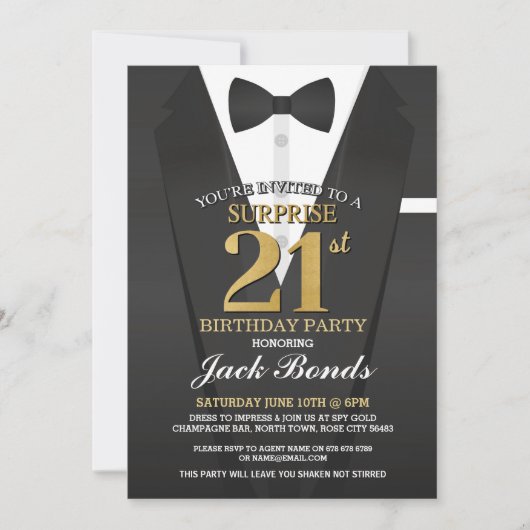 Invitation Surprise 21e Anniversaire Spy Suit Black Gold Tuxe (Devant)