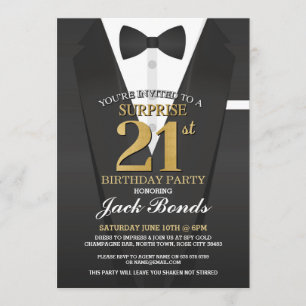 Invitation Surprise 21e anniversaire Spy Suit Black Gold Tuxe