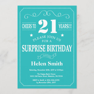 Invitation surprise 21e anniversaire Turquoise et 