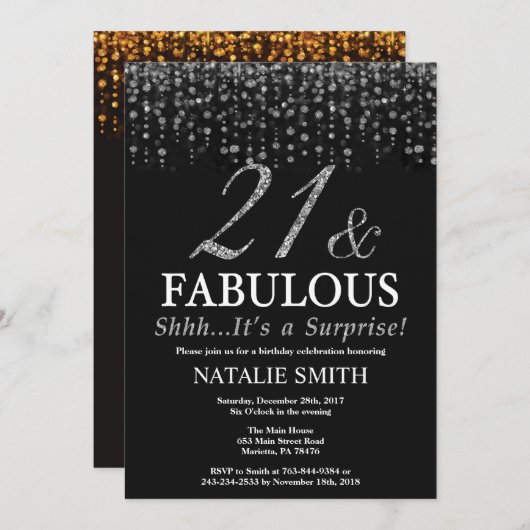 Invitation Surprise 21e anniversaire Vingt et un et fabuleux (Devant / Derrière)