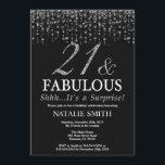 Invitation Surprise 21e anniversaire Vingt et un et fabuleux<br><div class="desc">Invitation surprise 21e anniversaire. 21 et Fabulous. Noir et argent.Paillette argent.Fête d'anniversaire pour adulte. Pour les hommes ou les femmes.
Pour plus de personnalisation,  cliquez sur le bouton "Customiser" et utilisez notre outil de conception pour modifier ce modèle.</div>