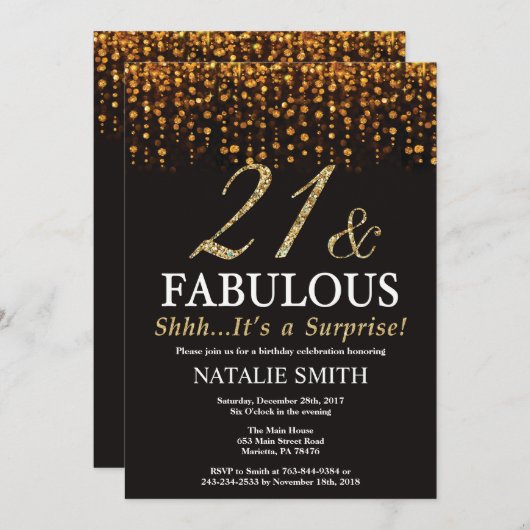 Invitation Surprise 21e anniversaire Vingt et un et fabuleux (Devant / Derrière)