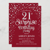 Invitation Surprise 21e fête d'anniversaire - Argent & Rouge (Devant / Derrière)