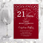 Invitation Surprise 21e fête d'anniversaire - Argent rouge<br><div class="desc">Invitation à la fête du 21e anniversaire Surprise. Design élégant en rouge foncé et faux argent parties scintillant. Fonctionne la police de script et les confettis de diamants. Salutations à 21 ans ! Message-moi si vous avez besoin d'une personnalisation plus poussée.</div>