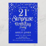 Invitation Surprise 21e fête d'anniversaire - Argent & Royal<br><div class="desc">Invitation à la fête du 21e anniversaire Surprise. Design élégant en bleu royal et faux argent parties scintillant. Comprend des polices de caractères et des confettis stylisés. Message-moi si vous avez besoin d'âge personnalisé.</div>