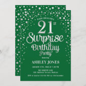 Invitation Surprise 21e fête d'anniversaire - Argent & Vert (Devant / Derrière)