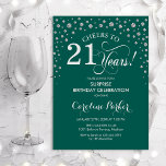 Invitation Surprise 21e fête d'anniversaire - Argent vert<br><div class="desc">Invitation à la fête du 21e anniversaire Surprise. Design élégant en vert émeraude et faux argent parties scintillant. Fonctionne la police de script et les confettis de diamants. Salutations à 21 ans ! Message-moi si vous avez besoin d'une personnalisation plus poussée.</div>