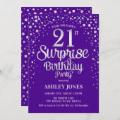 Invitation Surprise 21e fête d'anniversaire - Argent & Violet (Devant / Derrière)