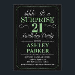Invitation Surprise 21e fête d'anniversaire - Black Green<br><div class="desc">Invitation à la fête du 21e anniversaire Surprise. Design simple et élégant en noir,  vert et blanc. Avec une police de script élégante. Célébration anniversaire surprise pour l'homme ou la femme. Peut être customisé à n'importe quel âge!</div>