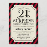 Invitation Surprise 21e fête d'anniversaire - Black Red Strip<br><div class="desc">Invitation à la fête du 21e anniversaire Surprise. Design élégant avec bandes rouges noires et motif burlap. Comprend une police de script noir élégante. Message-moi si vous avez besoin d'une personnalisation plus poussée.</div>