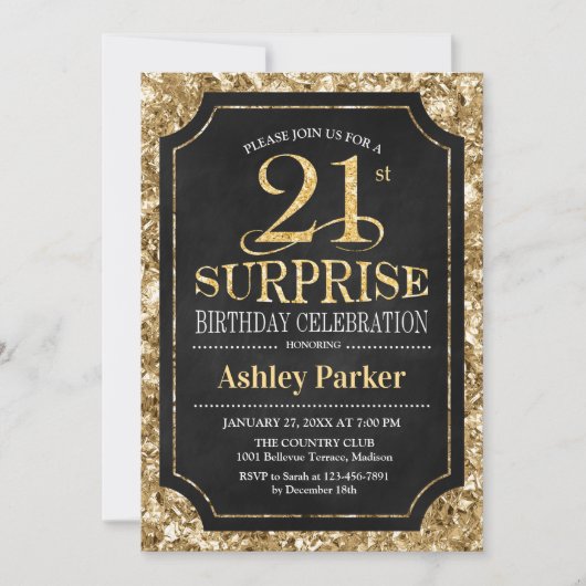 Invitation Surprise 21e fête d'anniversaire - Gold Black (Devant)