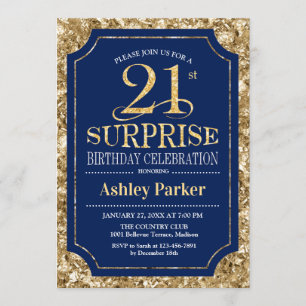 Invitation Surprise 21e fête d'anniversaire - Gold Navy