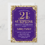 Invitation Surprise 21e fête d'anniversaire - Gold Purple<br><div class="desc">Invitation à la fête du 21e anniversaire Surprise. Design élégant et classe en violet royal et motif d'or parties scintillant faux. Comprend une police de script élégante. Message-moi si vous avez besoin d'une personnalisation plus poussée.</div>