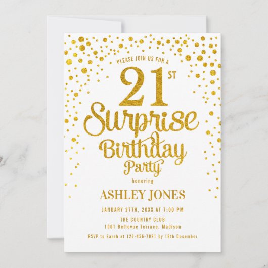 Invitation Surprise 21e fête d'anniversaire - Gold & White (Devant)