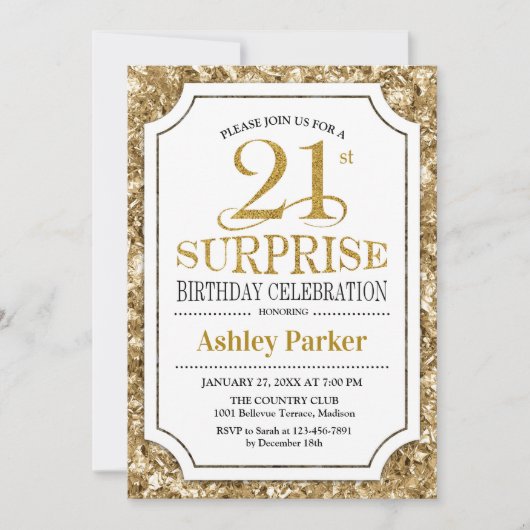 Invitation Surprise 21e fête d'anniversaire - Gold White (Devant)