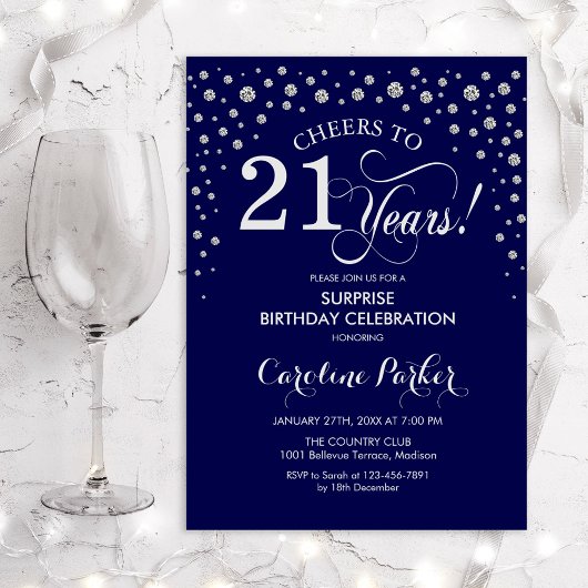 Invitation Surprise 21e fête d'anniversaire - Marine Silver