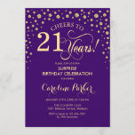 Invitation Surprise 21e fête d'anniversaire - Purple Gold<br><div class="desc">Invitation à la fête du 21e anniversaire Surprise. Design élégant en or violet royal et faux parties scintillant. Fonctionne la police de script et les confettis de diamants. Salutations à 21 ans ! Message-moi si vous avez besoin d'une personnalisation plus poussée.</div>