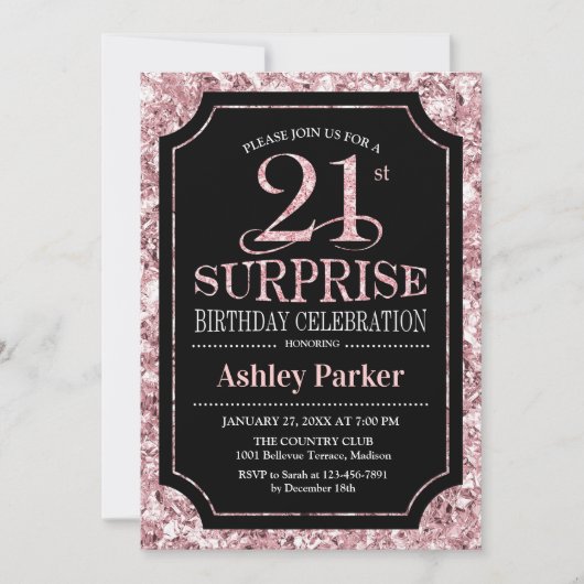Invitation Surprise 21e fête d'anniversaire - Rose Gold Black (Devant)