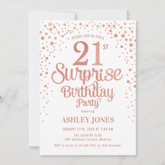 Invitation Surprise 21e fête d'anniversaire - Rose Gold & Whi (Devant)