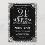 Invitation Surprise 21e fête d'anniversaire - Silver Black<br><div class="desc">Invitation à la fête du 21e anniversaire Surprise. Design élégant et élégant en noir et faux parties scintillant motif argent. Comprend une police de script élégante. Message-moi si vous avez besoin d'une personnalisation plus poussée.</div>