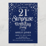 Invitation Surprise 21e fête d'anniversaire - Silver & Navy B<br><div class="desc">Invitation à la fête du 21e anniversaire Surprise. Design élégant en bleu marine et faux parties scintillant argent. Comprend des polices de caractères et des confettis stylisés. Message-moi si vous avez besoin d'âge personnalisé.</div>