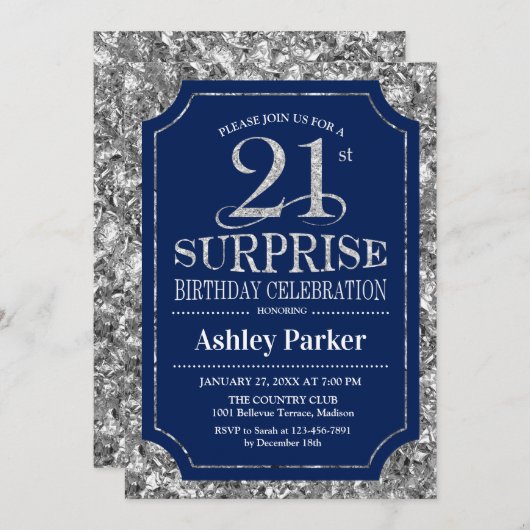 Invitation Surprise 21e fête d'anniversaire - Silver Navy Blu (Devant / Derrière)