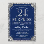 Invitation Surprise 21e fête d'anniversaire - Silver Navy Blu<br><div class="desc">Invitation à la fête du 21e anniversaire Surprise. Design élégant et élégant en bleu marine et faux parties scintillant motif d'argent. Comprend une police de script élégante. Message-moi si vous avez besoin d'une personnalisation plus poussée.</div>