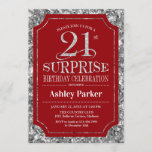 Invitation Surprise 21e fête d'anniversaire - Silver Red<br><div class="desc">Invitation à la fête du 21e anniversaire Surprise. Design élégant et élégant en rouge foncé et motif argent parties scintillant faux. Comprend une police de script élégante. Message-moi si vous avez besoin d'une personnalisation plus poussée.</div>