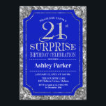 Invitation Surprise 21e fête d'anniversaire - Silver Royal Bl<br><div class="desc">Invitation à la fête du 21e anniversaire Surprise. Elégant design classe en bleu royal et faux motif argent parties scintillant. Comprend une police de script élégante. Message-moi si vous avez besoin d'une personnalisation plus poussée.</div>