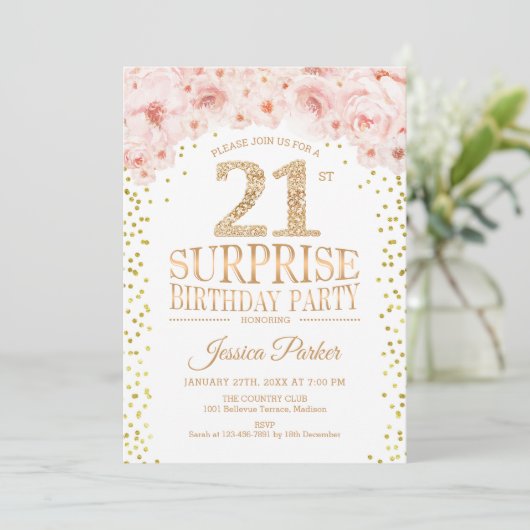 Invitation Surprise 21e fête d'anniversaire - White Gold Pink (Debout devant)