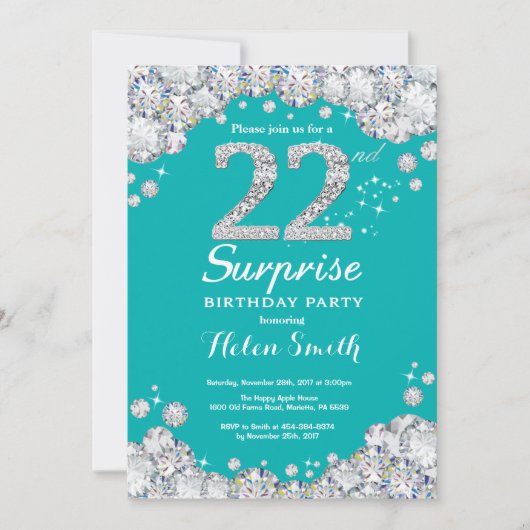 Invitation Surprise 22e anniversaire Turquoise et diamant d'a (Devant)