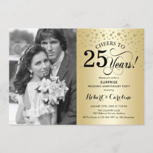 Invitation Surprise 25e anniversaire avec Photo Gold Black