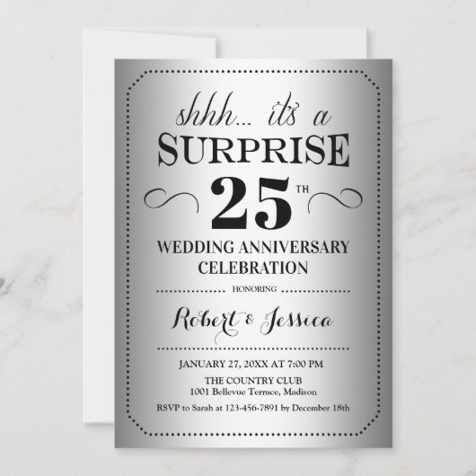 Invitation Surprise 25e anniversaire de mariage - Noir Argent (Devant)