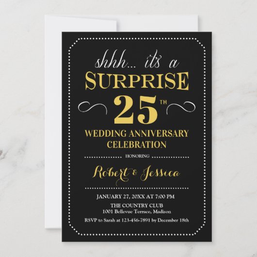 Invitation Surprise 25e anniversaire de mariage - Noir Or (Devant)