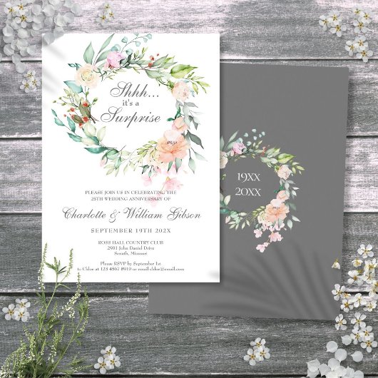 Invitation Surprise 25e Anniversaire de Mariage Roses Verdure