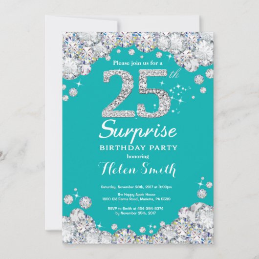 Invitation Surprise 25e anniversaire Turquoise et diamant d'a (Devant)