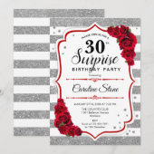 Invitation Surprise 30e anniversaire - Argent Blanc Rouge (Devant / Derrière)
