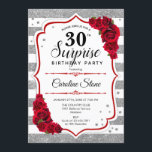Invitation Surprise 30e anniversaire - Argent Blanc Rouge<br><div class="desc">Invitation surprise 30e anniversaire. Blanc féminin,  design rouge avec fausse parties scintillant argent. Comprend des rayures,  des roses rouges,  des caractères de script et des confettis. Parfait pour une soirée d'anniversaire élégante. Peut être personnalisé pour montrer n'importe quel âge. Message-moi si vous avez besoin d'une personnalisation plus poussée.</div>